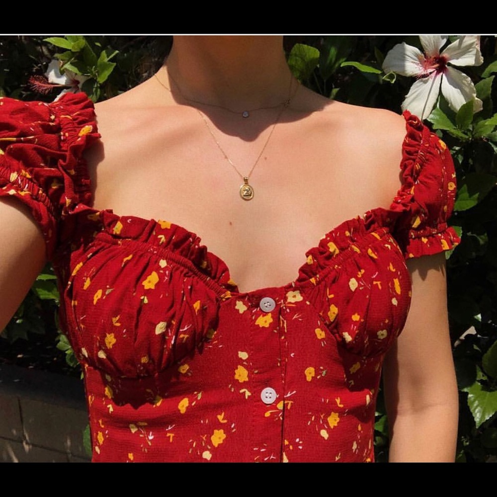 WITH JEAN RED AND FLORAL MIDI OFF SHOULDER DRESS